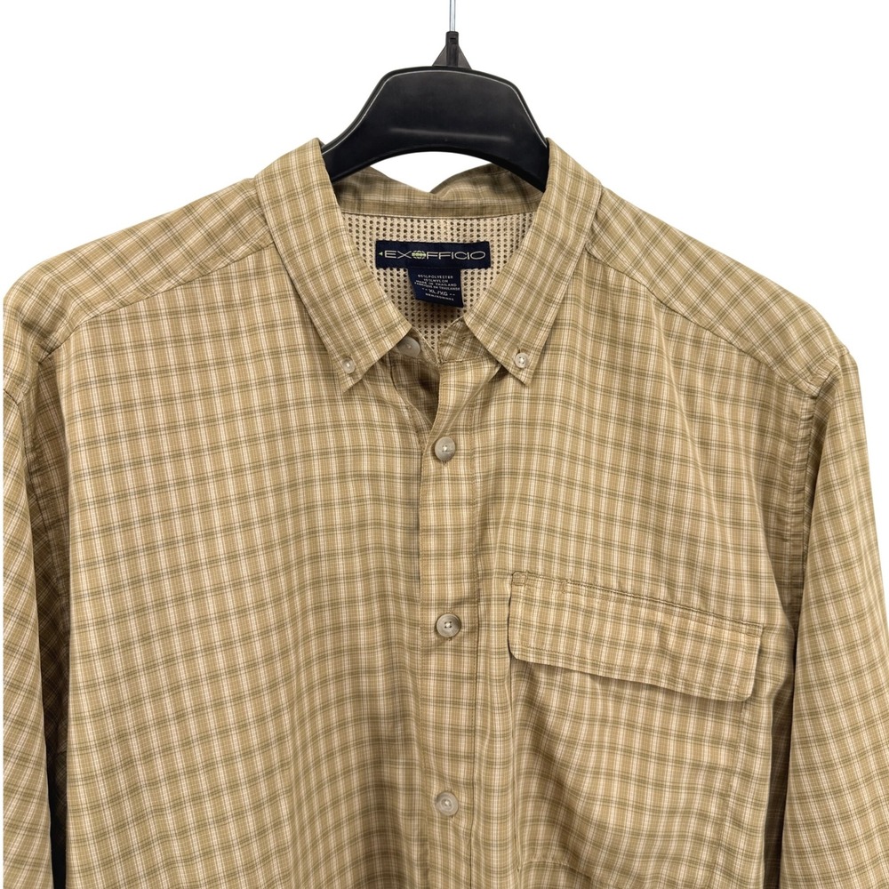 ExOfficio Button Down Shirt Mens XL Pre-Owned Beige Plaid Wicking Utility Pocket